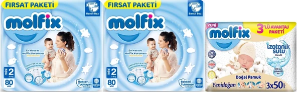 Molfix Bebek Bezi 2 Beden 3-6 KG Mini 160 Adet Ekonomik Fırsat Pk + 3 Adet Islak Mendil ürün görseli 1