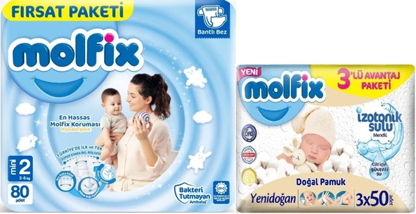 Molfix Bebek Bezi 2 Beden 3-6 KG Mini 80 Adet Fırsat Pk + 3 Adet Islak Mendil ürün görseli 1