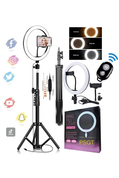 PSGT Kumandalı Youtuber Tiktok Selfi Işıklı Telefon Tutucu Makyaj Işığı Ring Light 10 Inç 2.1 M Tripod ürün görseli 1