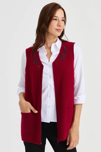 Desen Nakışlı Fermuarlı Midi Yelek Kadın - Günlük Şıklık ürün görseli 1