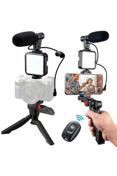 ASFAL Mikrofonlu Bluetooth Kumandalı, Işıklı Çekim Vlog Kiti Selfie Çubuğu, Canlı Yayın Tripodu ürün görseli 1