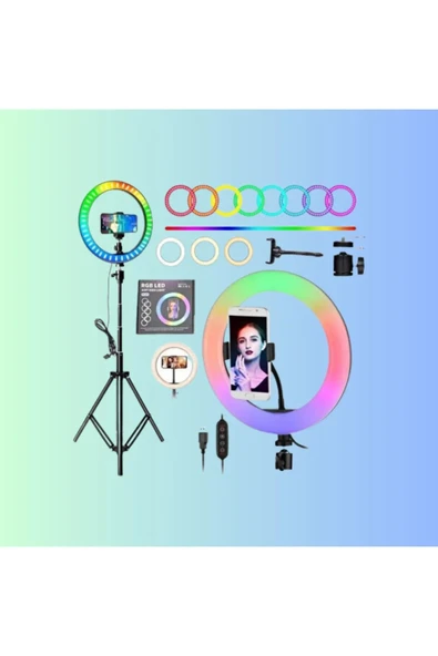 ASFAL 10 Inç 26 Cm Rgb Çok Renkli Led Make Up Selfie Işığı 210 Cm Tripot Selfie Çubuğu Tiktok Işığı ürün görseli 1