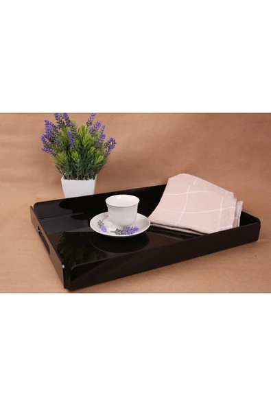 ASFAL Tutma Saplı Siyah Pleksi Tepsi 35x25 Cm Servis, Kahve, Çay, Sunum Ve Hediyelik Tepsi 3mm ürün görseli 1