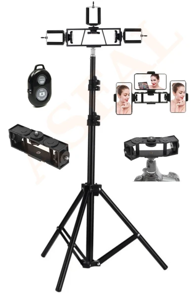 ASFAL Bluetooth Kumandalı 210 Cm Tripod 3 Adet Multi Telefon Tutuculu Selfie Çubuğu Telefon, Kamera, Lamba ürün görseli 1