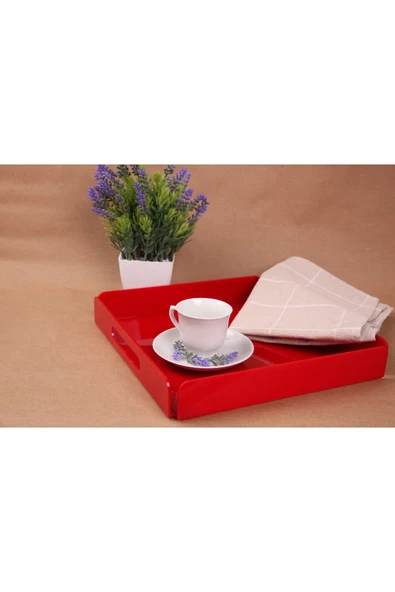 ASFAL Tutma Saplı Kırmızı Pleksi Tepsi 25x25 Cm Servis, Kahve, Çay, Sunum Ve Hediyelik Tepsi 3mm ürün görseli 1