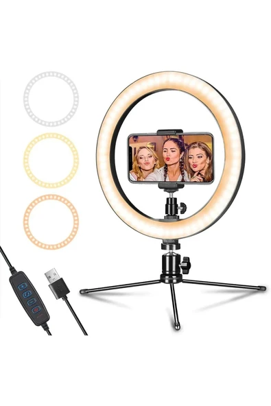 ASFAL Masaüstü Mini Tripod 10' Ring Light Led Işık Halka Işık Youtuber, Selfie Işığı Masa Lambası 3 Renkli ürün görseli 1