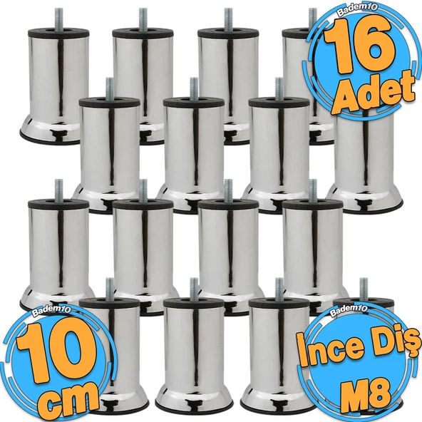 16 Adet Mobilya Kanepe Baza Koltuk Destek Yükseltme Ayağı M8 Civatalı Krom Metal Ayakları 10 cm ürün görseli 1