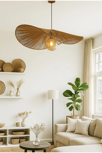 burenze Modern Tasarım Hasır Avize Rattan Boheme Avize Sarkıt 40 Cm Çap ürün görseli 1