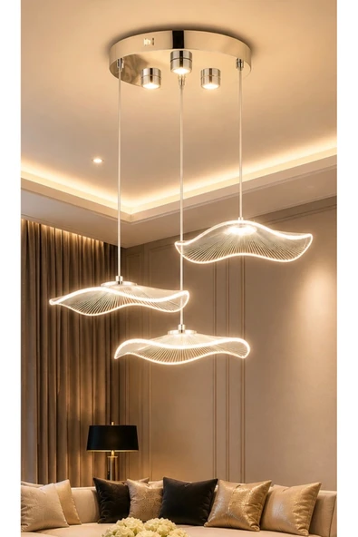 burenze Modern Tasarım Jellyfish Üçlü Sarkıt Led Avize Krom Gümüş Gövde ürün görseli 1