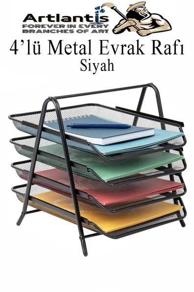 4 lü Metal Evrak Rafı Siyah 1 Paket Masaüstü A4 Dosya Düzenleyici Kağıt Tepsisi Metal Çelik Fileli Dört Katlı Hareketli ürün görseli 1