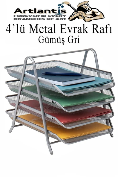 4 lü Metal Evrak Rafı Gri 1 Paket Masaüstü A4 Dosya Düzenleyici Kağıt Tepsisi Metal Çelik Fileli Dört Katlı Hareketli ürün görseli 1