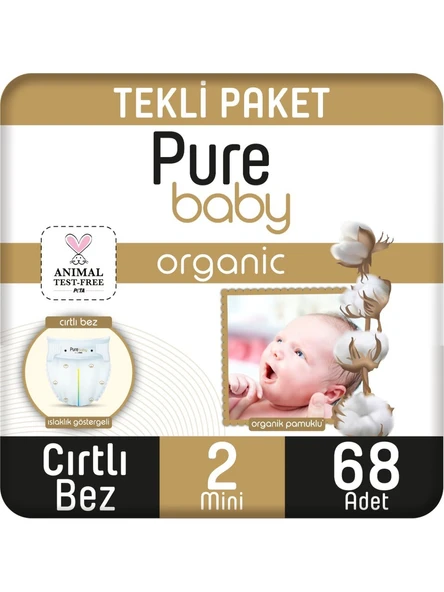Pure Baby Organik Pamuklu 2 Numara Mini 68'li Bebek Bezi ürün görseli 1