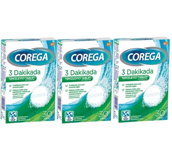 Corega 3 Dakikada 30'lu 3 Adet Protez Temizleme Tableti ürün görseli 1