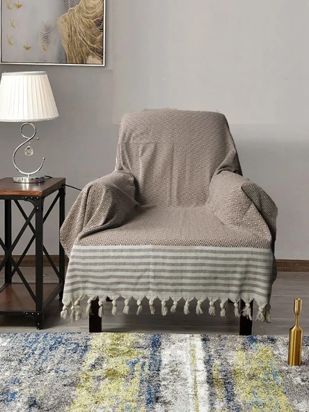 Buldan İşi Kolları Örten Pamuklu Tekli Koltuk Berjer Örtüsü 180x150 cm Pamuk Dokuma (Kahverengi) ürün görseli 1