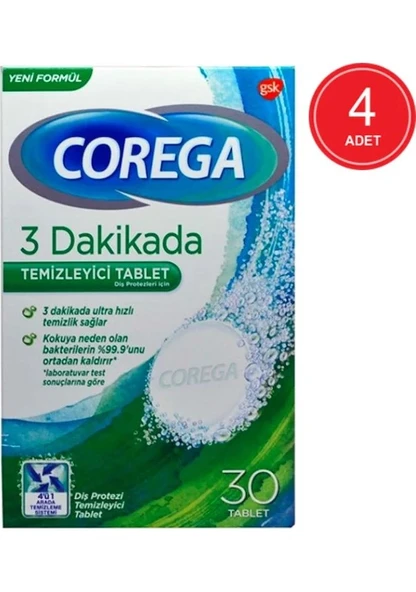 Corega 3 Dakikada 30'lu 4 Adet Protez Temizleme Tableti ürün görseli 1