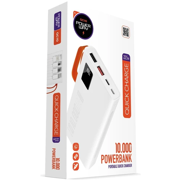 Pmr 10.000 Mah Pd 22.5W Dahili Kablolu Hızlı Şarj Led Fener QC10 Beyaz Powerbank ürün görseli 1