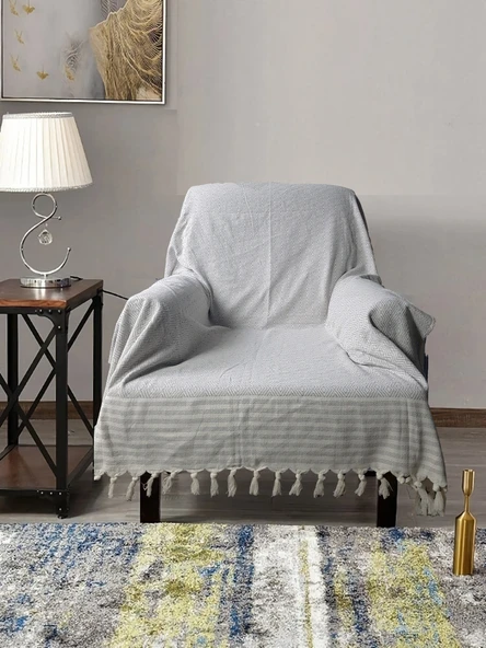 Buldan İşi Kolları Örten Pamuklu Tekli Koltuk Berjer Örtüsü 180x150 cm Pamuk Dokuma (Açık Gri) ürün görseli 1