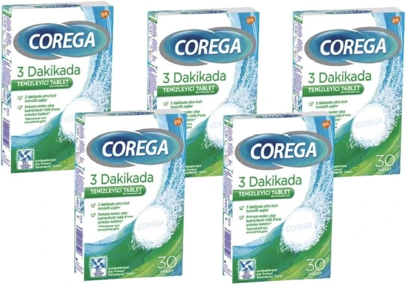 Corega 3 Dakikada 30'lu 5 Adet Protez Temizleme Tableti ürün görseli 1