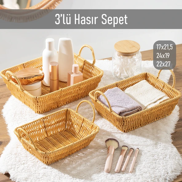 Porsima 301-B Dikdörtgen 3'lü Hasır Sepet Dekoratif Ev Düzenleyici Kendinden Kulplu Hasır Sepet Seti Banyo Düzenleyici Sepet ürün görseli 1