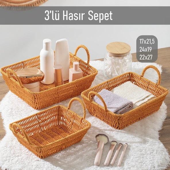 Porsima 301-A Dikdörtgen 3'lü Hasır Sepet Dekoratif Ev Düzenleyici Kendinden Kulplu Hasır Sepet Seti Banyo Düzenleyici Sepet ürün görseli 1