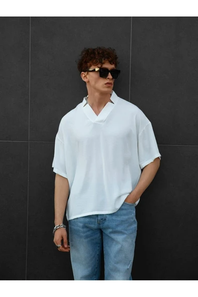 Abluka Erkek Oversize V Yaka T-shirt Beyaz ürün görseli 1