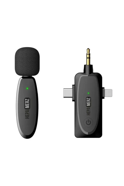 Hepa Merz R-32 Kaliteli Çiftli Kablosuz Yaka Mikrofonu 3in1 İphone Type-c ve 3.5mm Jack ürün görseli 1