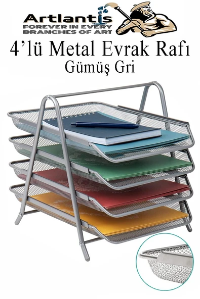 Evrak Rafı Metal 4 lü 1 Paket Masa Üstü A4 Dosya Düzenleyici Kağıt Tepsisi Metal Fileli Dört Katlı Hareketli Perfore ürün görseli 1