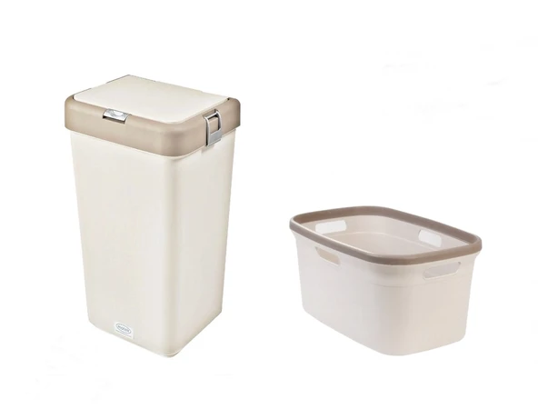 Geseus Motek Tekli 40 Lt Kirli Çamaşır Sepeti+Çamaşır Selesi Ikili Set, Çeyiz Seti Kahve+Krem ürün görseli 1