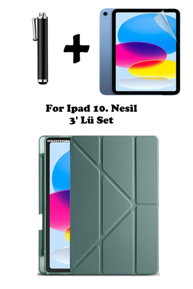 İpad 10. Nesil Kılıf/Ekran Koruyucu/Kalem Seti Silikon Arka Kapak Stand Olan Uyku Modlu Case  Yeşil ürün görseli 1