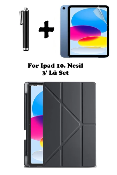 İpad 10. Nesil Kılıf/Ekran Koruyucu/Kalem Seti Silikon Arka Kapak Stand Olan Uyku Modlu Case  Siyah ürün görseli 1