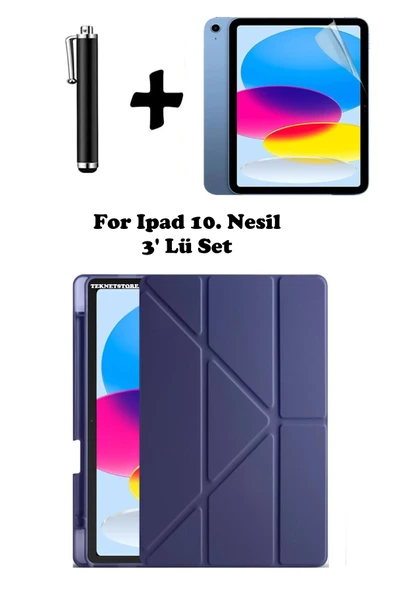 İpad 10. Nesil Kılıf/Ekran Koruyucu/Kalem Seti Silikon Arka Kapak Stand Olan Uyku Modlu Case  Lacivert ürün görseli 1