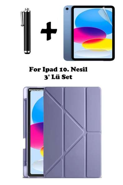 İpad 10. Nesil Kılıf/Ekran Koruyucu/Kalem Seti Silikon Arka Kapak Stand Olan Uyku Modlu Case  LAVANTA ürün görseli 1