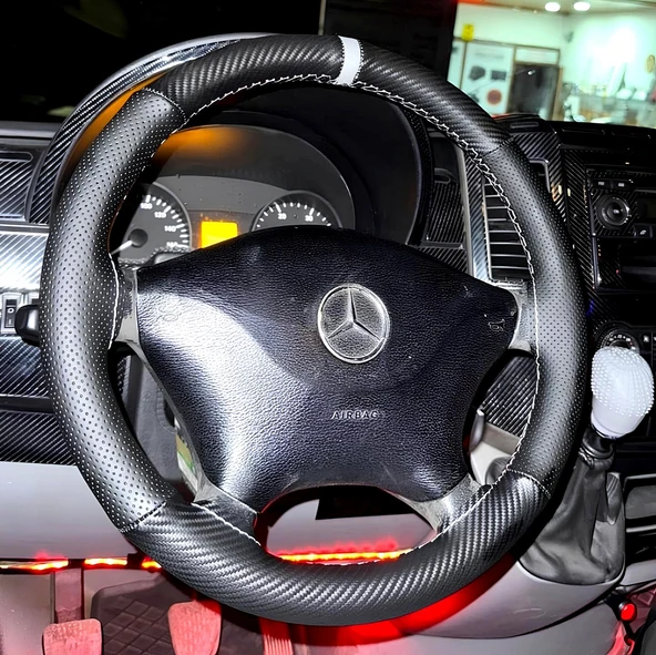 DİKİŞLİ DİREKSİYON KILIFI KARBON NOKTA DERİ GRİ YÜZÜK GRİ DİKİŞLİ MERCEDES SPRİNTER İÇİN 2014 ÖNCESİ ürün görseli 1