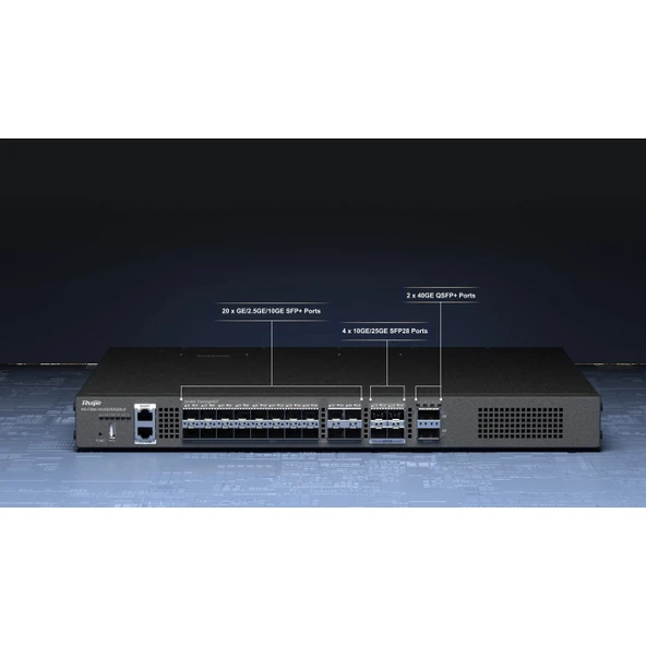 RUIJIE RG-CS86-20XS4VS2QXS-D 20x1G-2,5G-10G SFP+ 4X 10G/25G PORT 2 x 40GBASE-X QSFP+ CLOUD YONETILEBILIR L3 RACK MOUNT SWITCH ürün görseli 1
