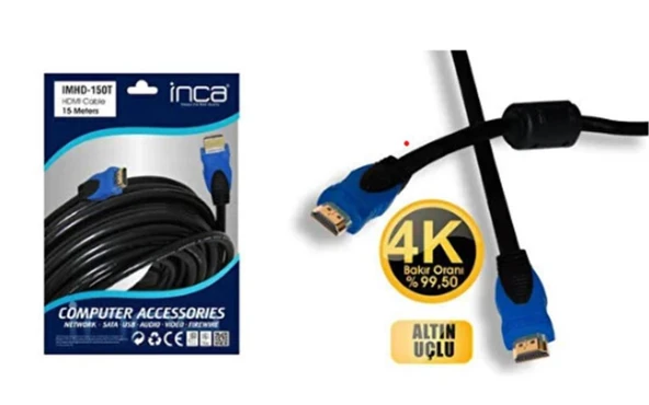 Inca IMHD-150T 15mt 4K 1,4 V 3 D Altın Uçlu Hdmı To Hdmı Kablo (99,5 Bakır) ürün görseli 1