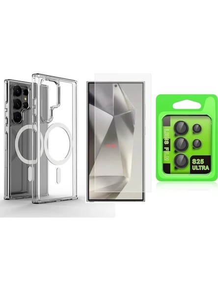 Vendas Galaxy S25 Ultra Kılıf Magsafe Şarj Özellikli Şeffaf Sert PC Zore Embos Kapak + Nano Ekran Koruyucu + Kamera Lens Koruyucu Set ürün görseli 1