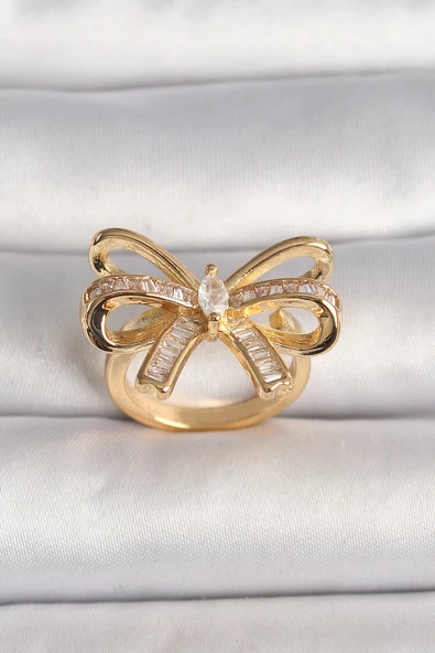 Pirinç Gold Renk Ayarlanabilir Zirkon Taşlı Kurdele Model Kadın Yüzük - EBJ250207W31140 ürün görseli 1