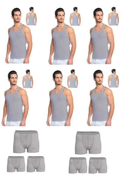 Erkek Pamuklu 6'lı Gri Sporcu Atlet ve 6'lı Gri Boxer 12 Parça Set ürün görseli 1