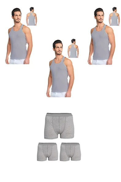 Erkek Pamuklu 3'lü Gri Sporcu Atlet ve 3'lü Gri Boxer 6 Parça Set ürün görseli 1