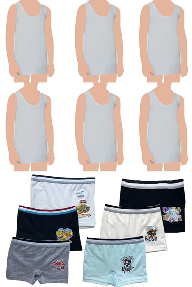 Erkek Çocuk Pamuklu 6'lı Gri Atlet 6'lı Karışık Renk Boxer 12 Parça Set ürün görseli 1