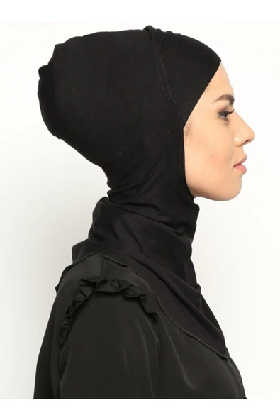 Boyunluklu Hijab Bone - Siyah - - Resim 4