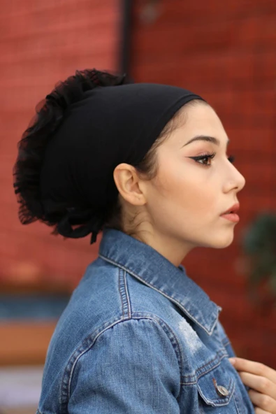 Kadın Siyah Lüks Fırfırlı Bone - Resim 3