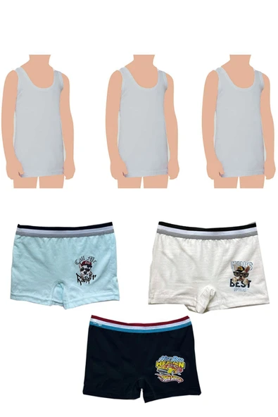 Erkek Çocuk Pamuklu 3'lı Gri Atlet 3'lı Karışık Renk Boxer 6 Parça Set ürün görseli 1