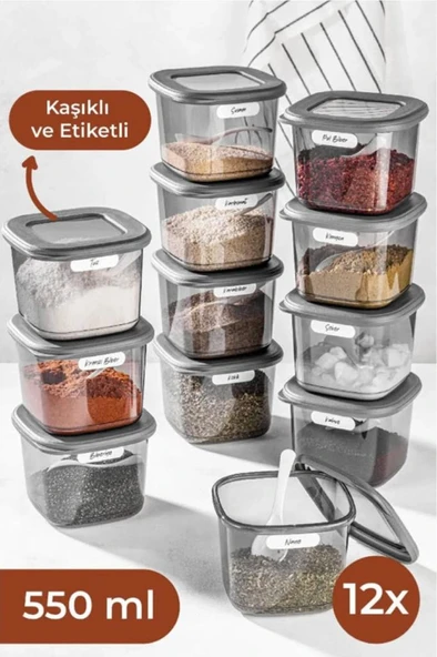 VIENEV Etiketli Ve Kaşıklı Foly Kare Erzak Saklama Kabı Seti 12li 0,55 Küçük Boy  Antrasit ürün görseli 1