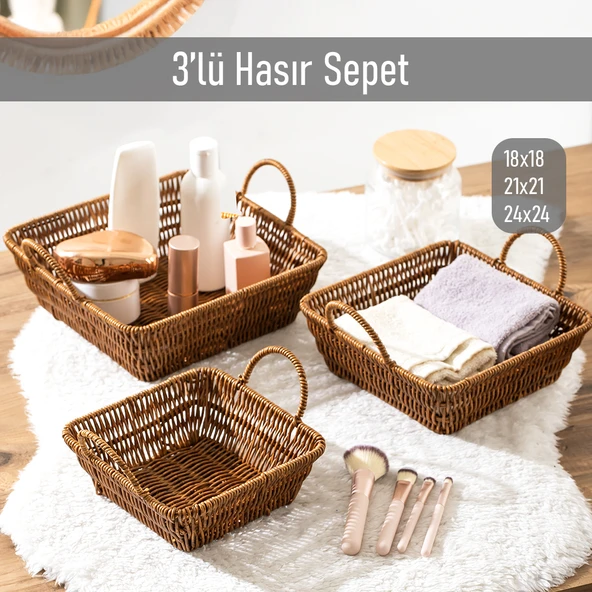 Porsima 303-C Kare 3'lü Hasır Sepet Dekoratif Ev Düzenleyici Kendinden Kulplu Hasır Sepet Seti Banyo Düzenleyici Sepet ürün görseli 1