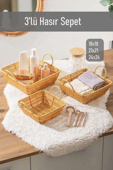Porsima 303-B Kare 3'lü Hasır Sepet Dekoratif Ev Düzenleyici Kendinden Kulplu Hasır Sepet Seti Banyo Düzenleyici Sepet ürün görseli 1