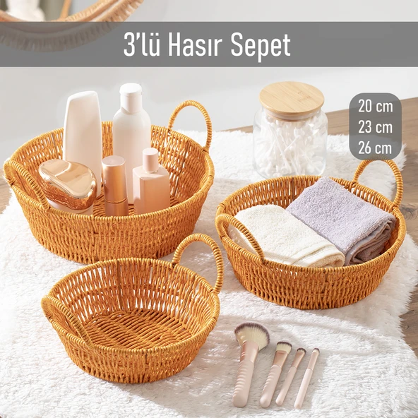 Porsima 304-A Yuvarlak 3'lü Hasır Sepet Dekoratif Ev Düzenleyici Kendinden Kulplu Hasır Sepet Seti Banyo Düzenleyici Sepet ürün görseli 1