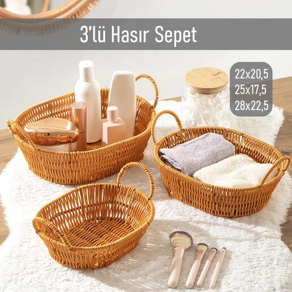 Porsima 302-D Oval 3'lü Hasır Sepet Dekoratif Ev Düzenleyici Kendinden Kulplu Hasır Sepet Seti Banyo Düzenleyici Sepet ürün görseli 1