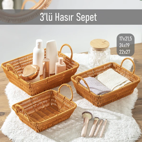 Porsima 301-D Dikdörtgen 3'lü Hasır Sepet Dekoratif Ev Düzenleyici Kendinden Kulplu Hasır Sepet Seti Banyo Düzenleyici Sepet ürün görseli 1