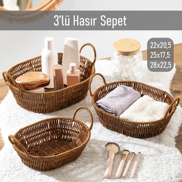 Porsima 302-C Oval 3'lü Hasır Sepet Dekoratif Ev Düzenleyici Kendinden Kulplu Hasır Sepet Seti Banyo Düzenleyici Sepet ürün görseli 1